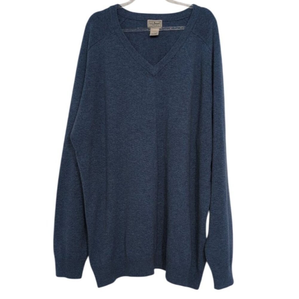 LL Bean 100% Lambswool Sweater Mens Size XXL Tall Blue Knit V Neck Long Sleeve